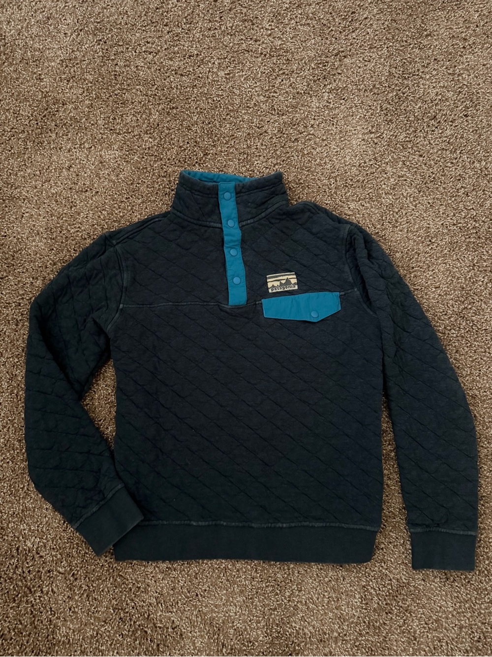 Patagonia Organic Cotton Pullover with Teal Placket and Maroon Accents